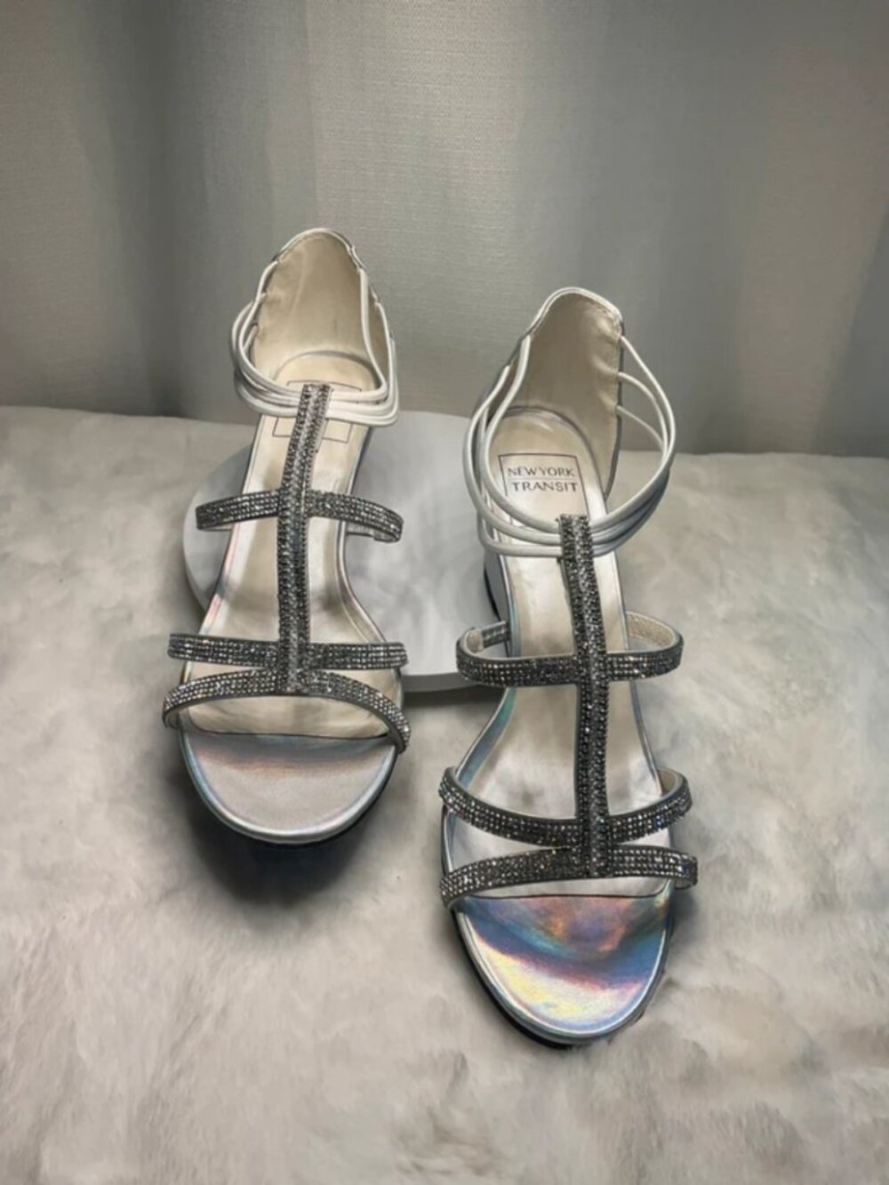 New York Transit Silver Holographic Strappy Rhinestone Heels Size 10 M